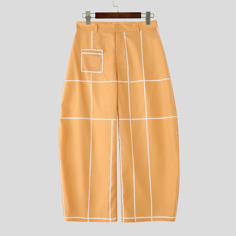 

INCERUN Oversized Men Zipper Waist Side Pockets Plaid Casual Loose Long Trousers Pants 5XL жёлтый