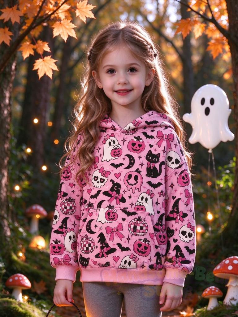 Girl Clothes Halloween Hoodies Purple Ghost Pumpkin Bat 3D Full Print Long Sleeve Pullover Autumn Casual Sweatshirt for Children