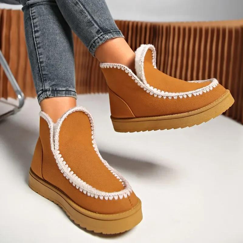 Fashion Women's Plush Warm Winter Snow Boots 2024 Fashion New Comfortable Suede Thick Sole Ankle Boots Slip-On Outdoor Botas De Mujer