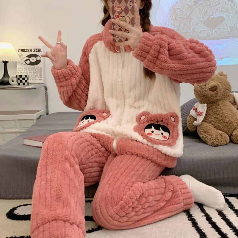 Nightgown Female Autumn and Winter Coral Velvet Thickened with Velvet Comfortable Loose Outside Wearing Long Pants Winter Warm Long Sleeve Long Suit