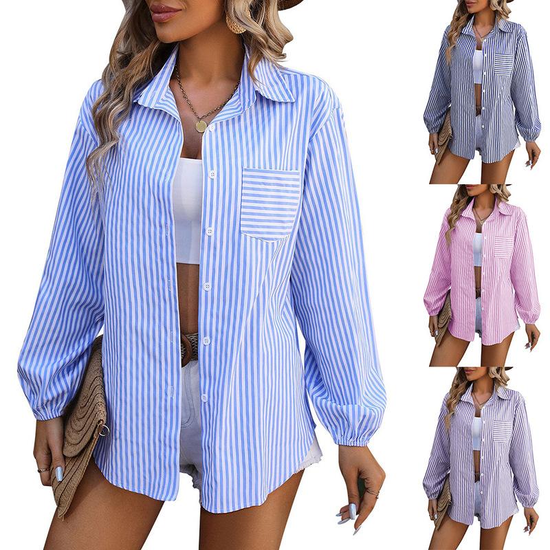 

2024 Spring Autumn Women s Long Sleeve Tops Loose Commuting Casual Striped Shirt For Women Blouse Women s Top With Sleeves S синій