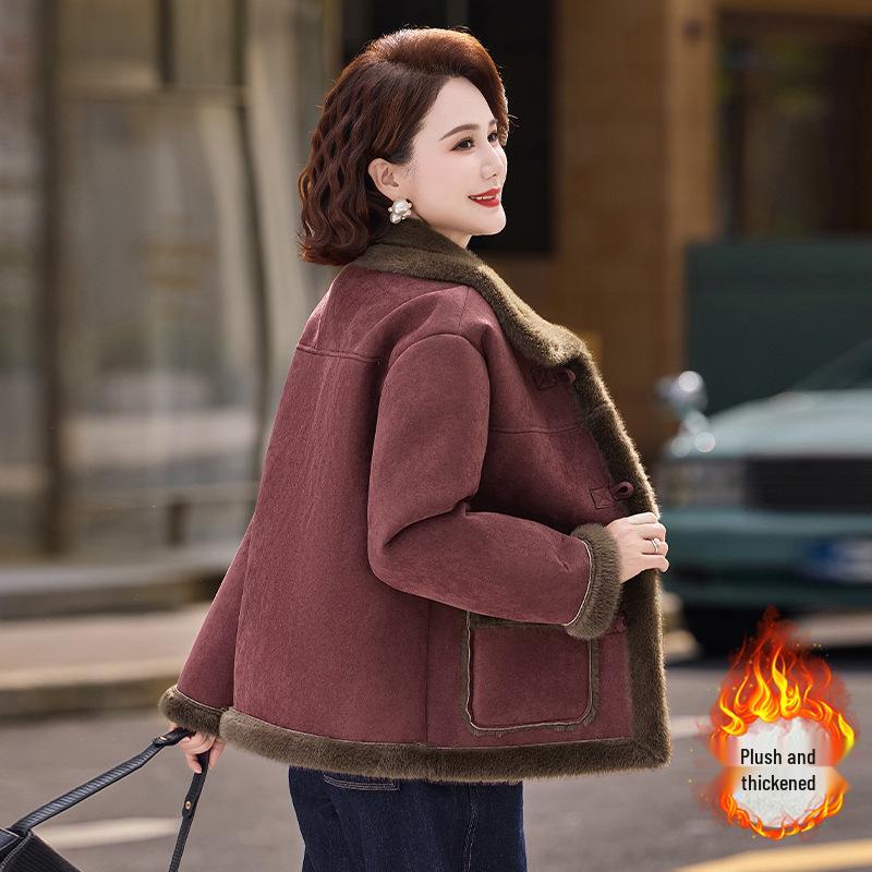 Mature Women's Fur-Lined Lapel Coat, Ages 40-60, Plus Velvet Warm Short Slimming Style