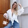 Ruffle Edge Chiffon Top Women's 1116 Autumn Fashion Court Style Loose White V-neck French Shirt Medium and Long