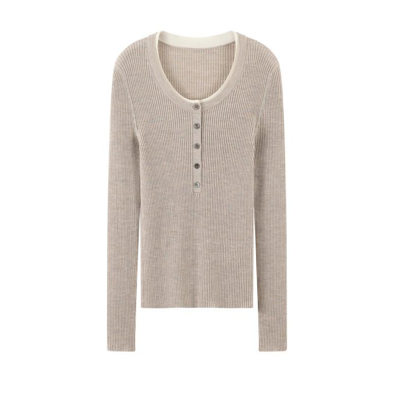 Elegant 60s Count Wool Round Neck Slimming Sweater - Women's Spring/Autumn Style, Faux Two-Piece Design