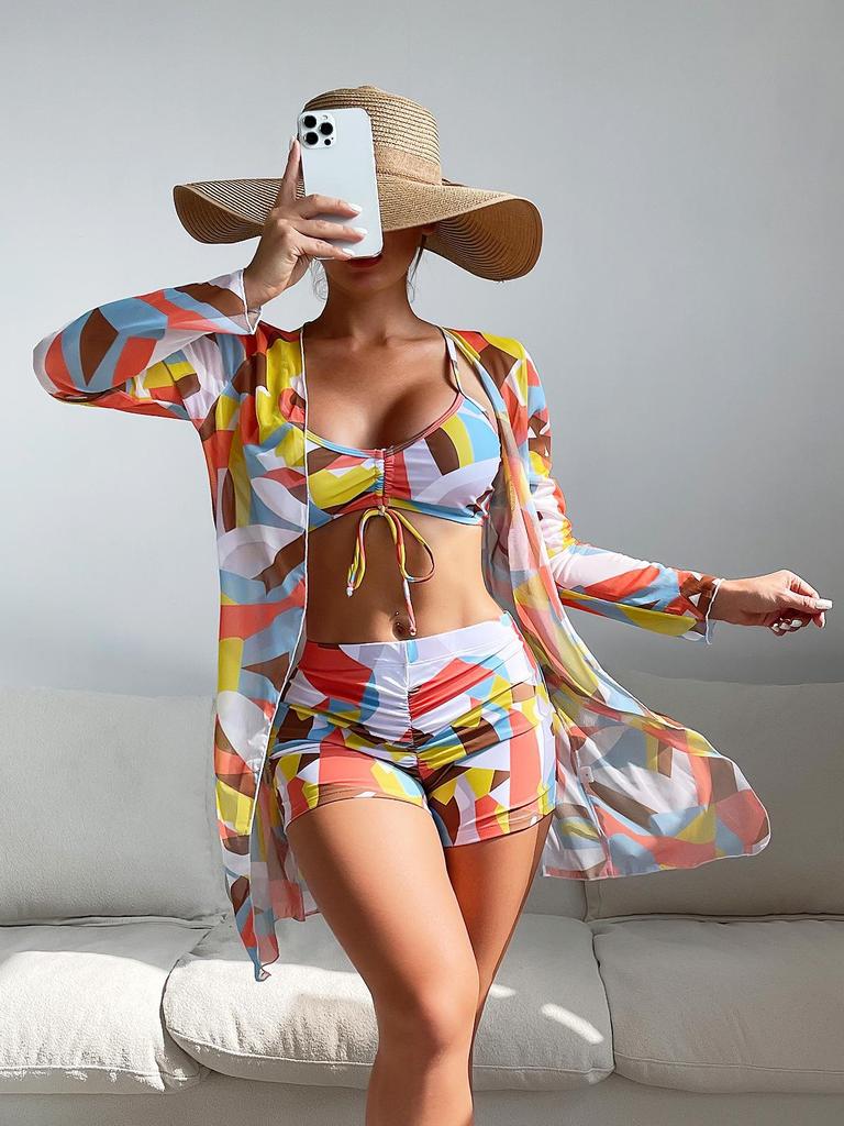 Mingyi European Mesh Blouse & Sexy Leg-Length Pants Three-Piece Swimsuit