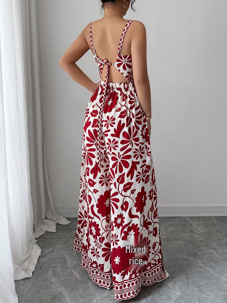 2025 Elegant Twist Print Spaghetti Strap Backless Jumpsuit with Wide Leg and Long Pants Skirt