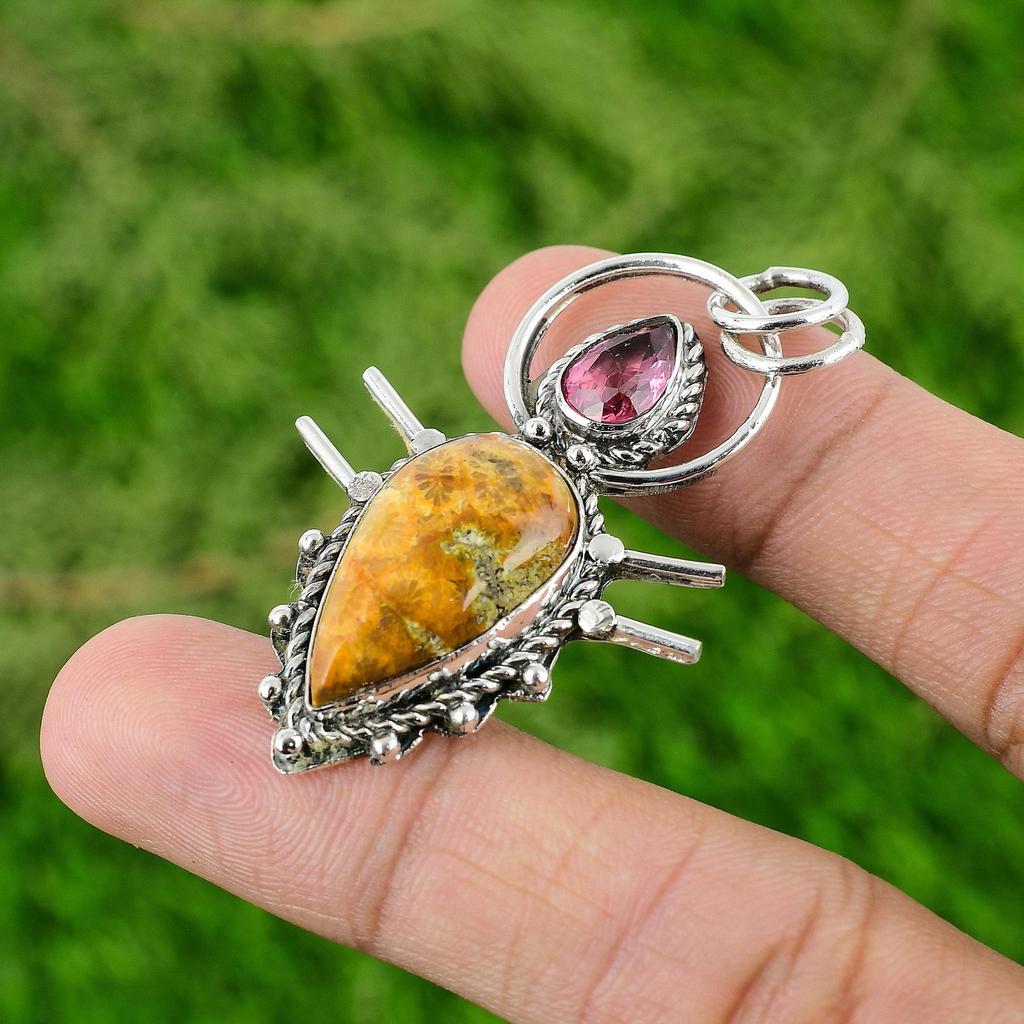 Natural Fossil Coral Pink Tourmaline Sister Boho Pendant Jewelry Sterling Silver