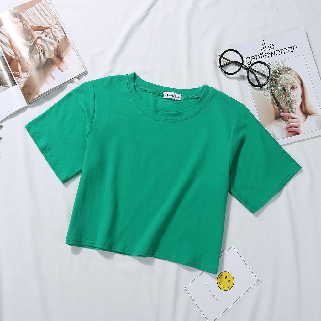 Top corto, maglietta corta bianca da donna, estate, versione coreana a maniche corte, tinta unita, per studenti, a vita alta, con ombelico che perde, ampia e versatile.