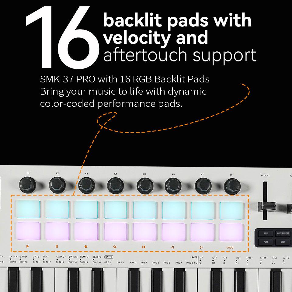 M-VAVE SMK-37 PRO 37 keys Keyboard 3 Octave Range 16 RGB Backlit Impact Pads Supports Wireless Connection to Multiple System