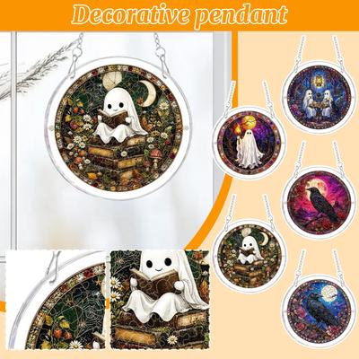 Acrylic Puzzle Hanging Ornament Halloween Theme Ghost Witch Pumpkin Home Atmosphere Decoration Plaque with Chain for Indoor Display