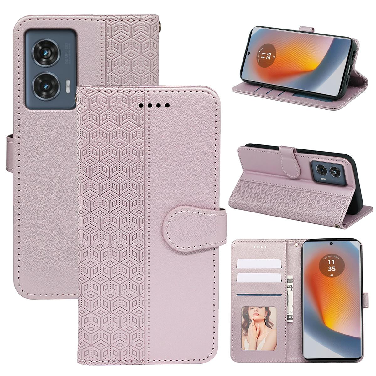 

For Motorola Edge 50 Fusion 5G Case PU Leather Cubic Grid Phone Cover Rose Gold