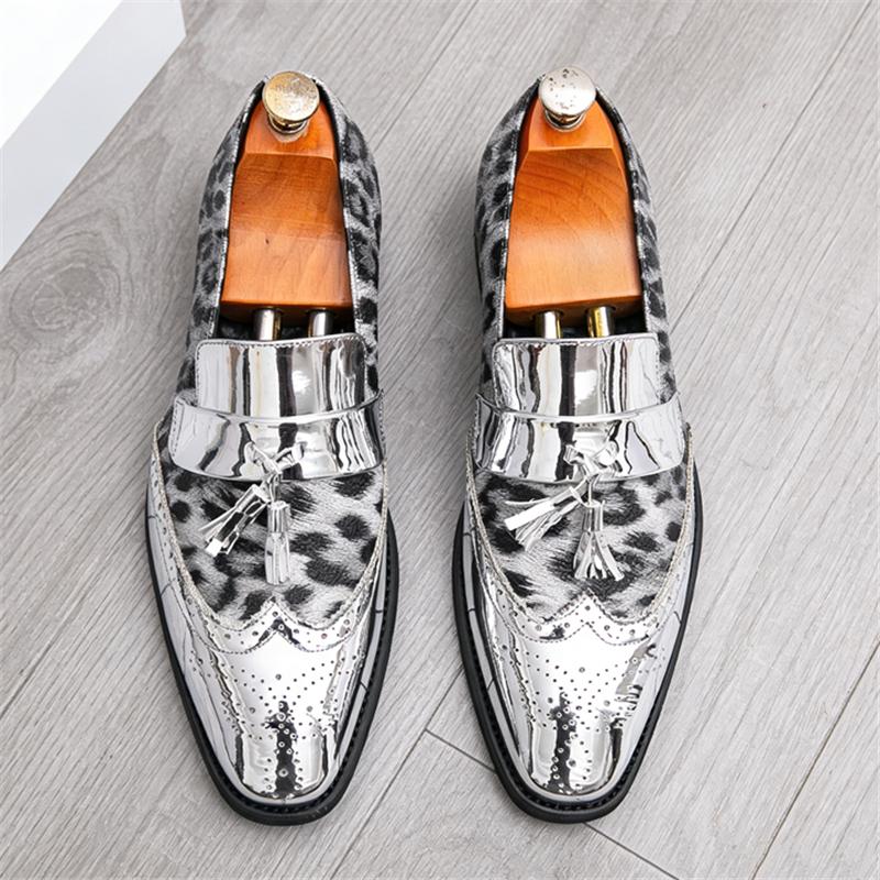 Luxury Designer New Men's Leopard Pattern Patchwork Tassel Brogues Oxford Shoes Male Wedding Dress Homecoming Formal Footwear