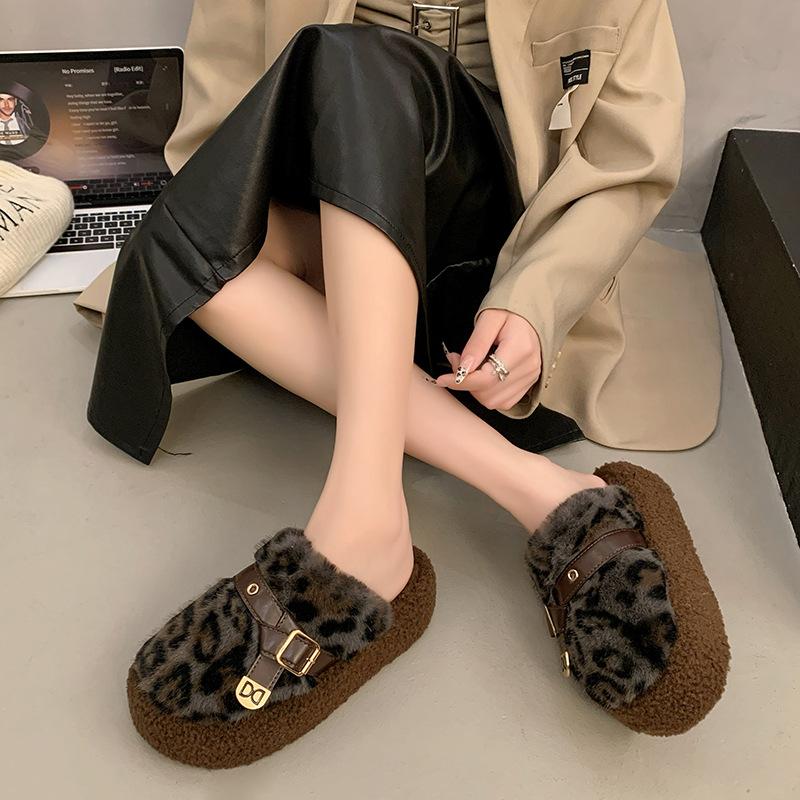 

2025 autumn and winter Korean version of high-end home office leopard print thick-bottomed belt buckle bag head one-word fluffy cotton slippers women 40 чёрный