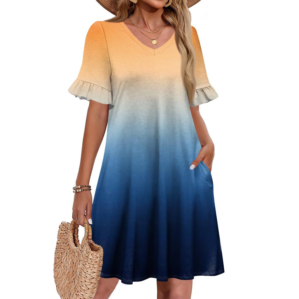 Damen A-Linie Sommerkleid Kurzarm V-Ausschnitt Bedrucktes Kleid Mit Taschen