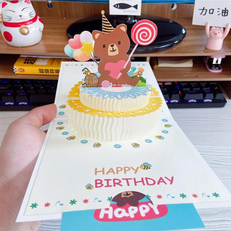 3D Cartoon Bear Pop Up Birthday Card Gift Greeting Cards for Kids Wife Husband Baby Shower