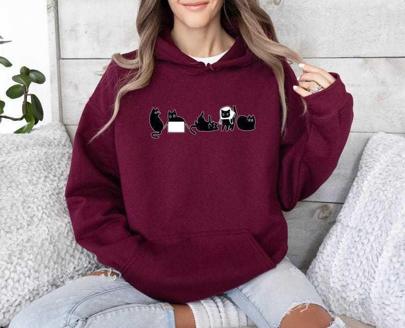 Toamnă și Iarnă, Model Amuzant cu Pisică Neagră, Bluza cu Mânecă Lungă Imprimată, Pulover cu Glugă la Modă pentru Femei