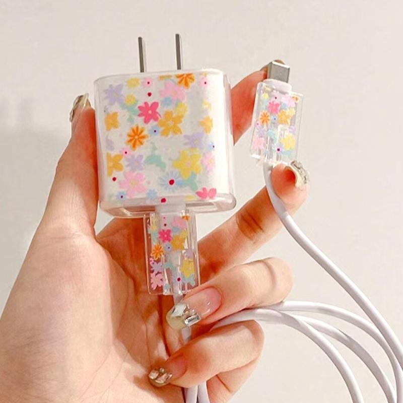 Transparent Flowers For 18/20W Charger Protective Case Is Applicable To 16/15/14/13 Data Cable Head Bite Protector Shell