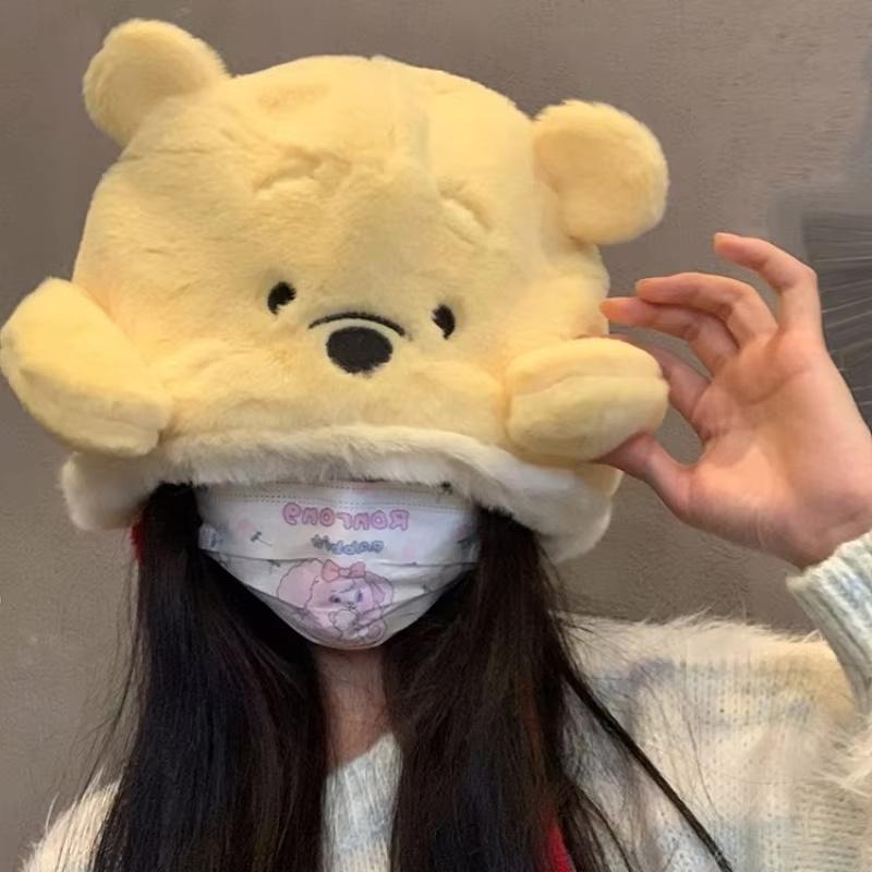 New Cute Winnie The Poo Cap With Velvet Hoodie Mickey And Minnie Mouse Plush Hat Winter Warm Ear Protection Cold Proof Hat Gift