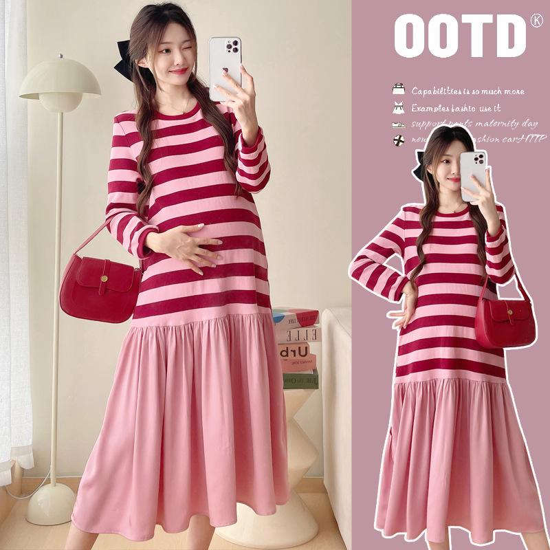 

2024 Autumn Maternity Loose Striped Patchwork Long Sleeve Sweatshirt Dress M