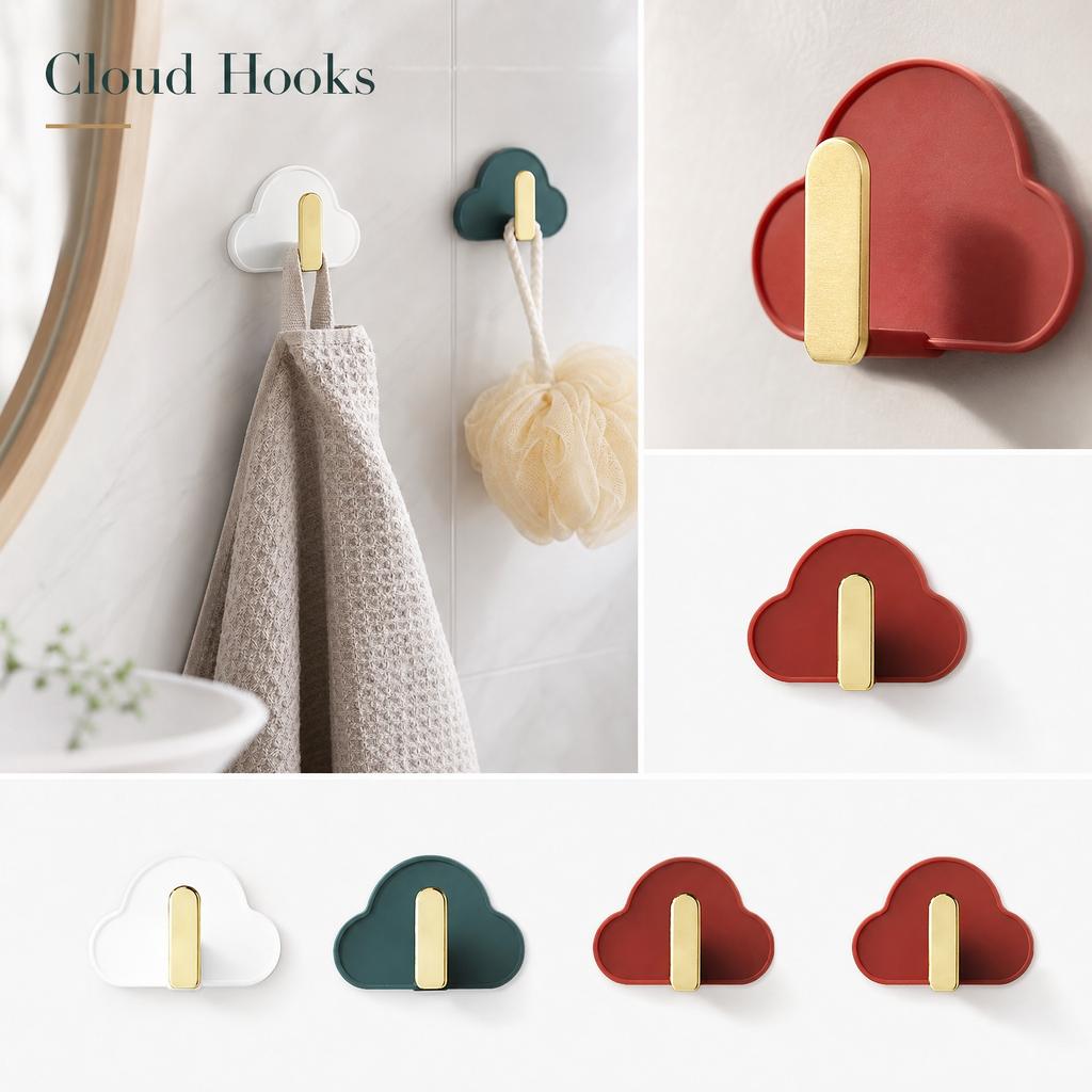 Set of 4 Decorative Wall Hooks Cloud Shape Kitchen Bathroom Storage Hooks Adhesive Mounted for Hanging Towels Keys and Accessories