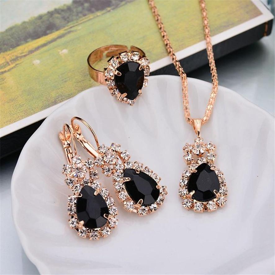 European and American Women Fashion Personality Water Drop Necklace Earrings Ring Set Shiny Bridal Jewelry