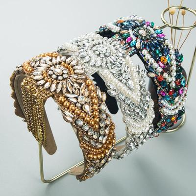 Women's Hairband Wide Edge Baroque Crystal Flowers Pearl Tassels Shampoo Headband Go Out Sweet Hair Hoop Sponge Headwear