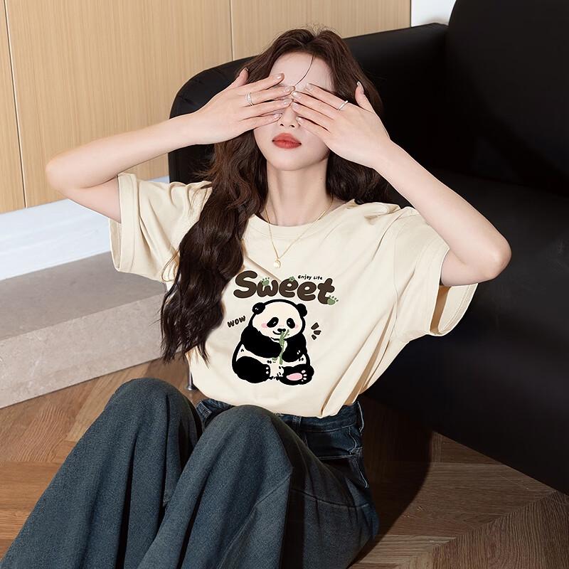 TonLion 2025 Summer Women s Cartoon Panda Knitted Short Sleeve T-Shirt XL