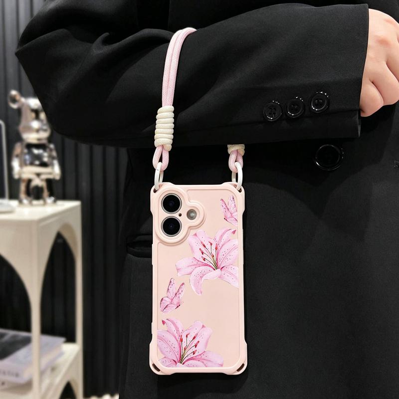 

Wrist Strap Phone Case for iPhone 17 Pro Max 16 15 14 12 Pink Lily Flower Silicone TPU Soft Bumper Lanyard Strap Rope Cover Bags iPhone17 Pro