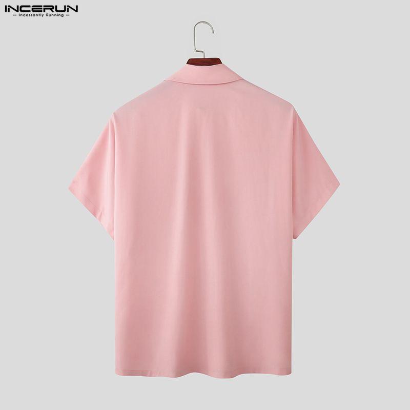 INCERUN Men Summer Lapel Neck Short Sleeve Side Buttons Casual Shirts Tops
