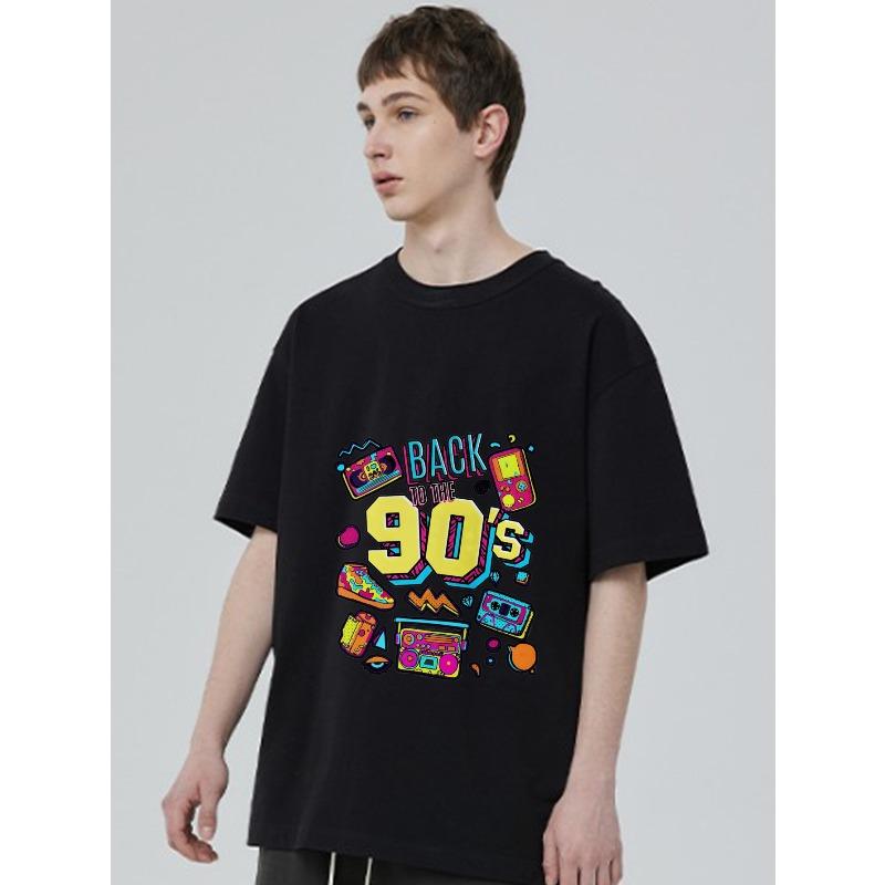 Back To The 90s T-Shirt Black Retro 90s Themed Graphic with Game Console Cassette Tape and Boombox Print for Casual Wear Party and Nostalgic Events
