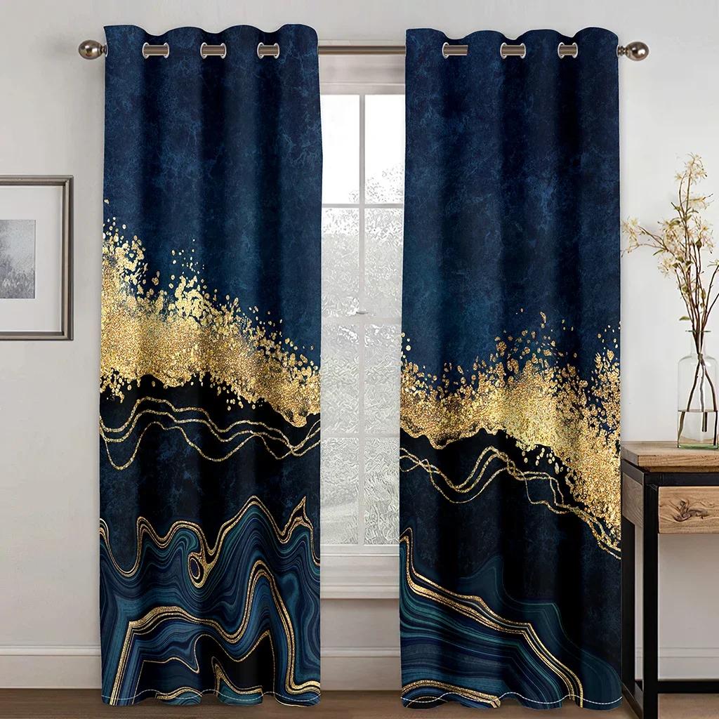 Ready-made Abstract Marble Blue Gold Design Cheap Modern Thin 2 Pieces Curtains for Living Room Bedroom Window Drape Home Decor