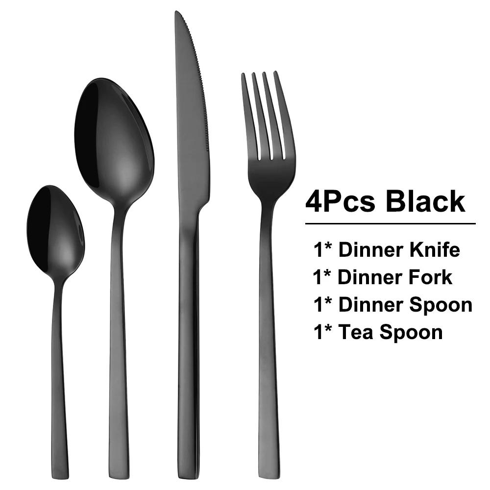 Black Cutlery Stainless Steel Western Tableware Mirror Knife Fork Spoon Dinnerware Kitchen Utensils 1/2/3/4/5 Set Flatware Plate