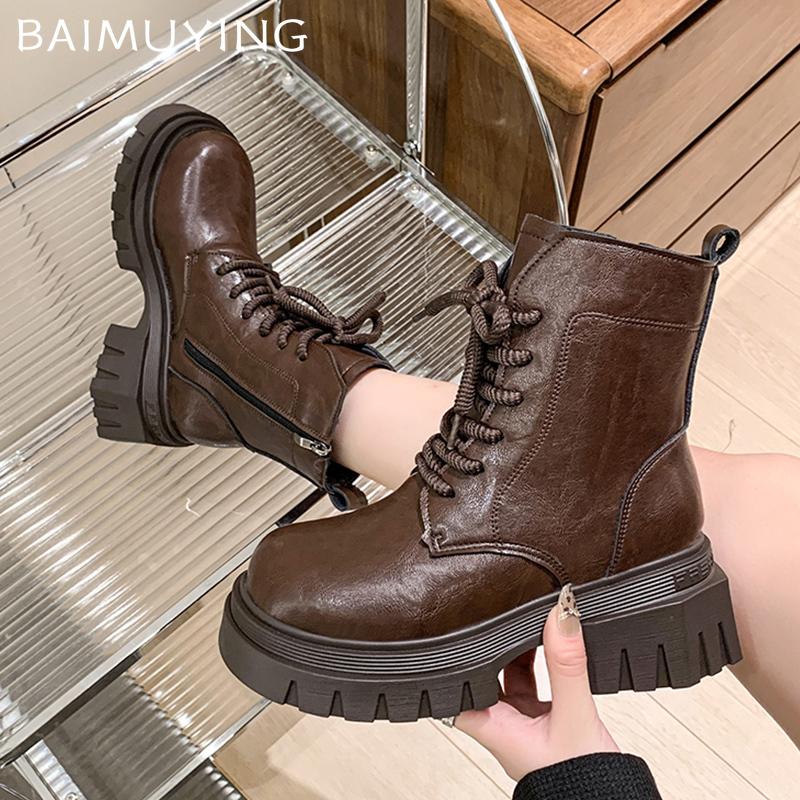 Women Ankle Boots Platform Mid Heels Designer Shoes Lace Up Motorcycle Boots  Trend Winter New Brand Goth Botas De Mujer