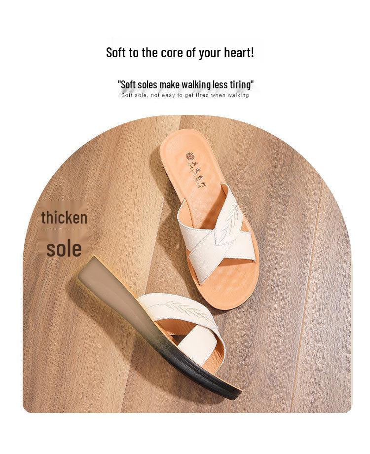 Echtes Leder Damen Sommer Rutschfeste Flache Sandalen für Draußen