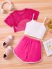 Modisches Dreiteiliges Set für Mädchen Netz-Kurzarmtop mit Buchstabenaufdruck, Camisole und Shorts Sommer-Outfit für Kinder Bequeme Passform