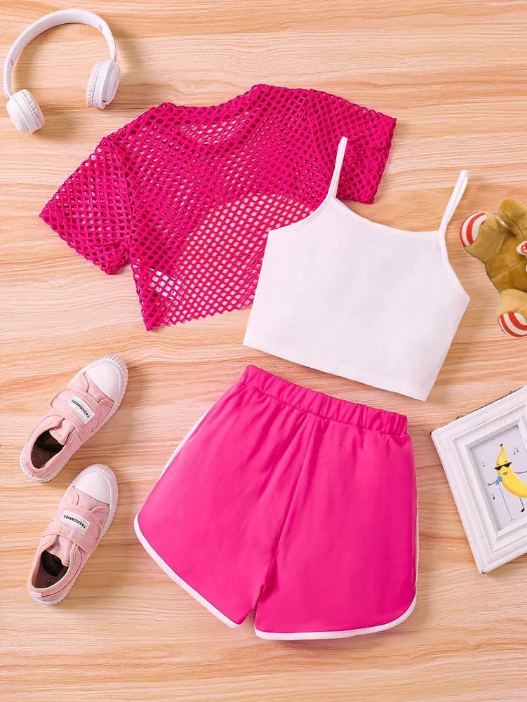 Modisches Dreiteiliges Set für Mädchen Netz-Kurzarmtop mit Buchstabenaufdruck, Camisole und Shorts Sommer-Outfit für Kinder Bequeme Passform