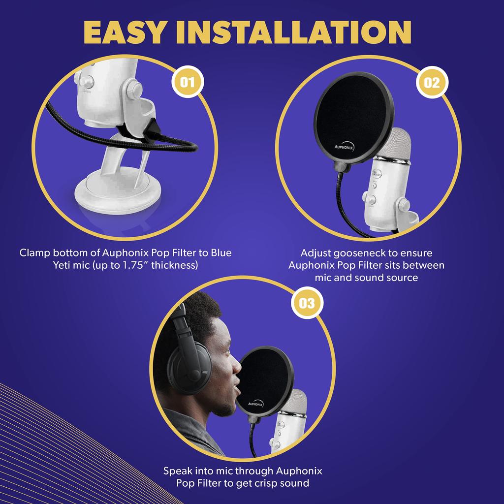 Auphonix Pop Filter for Blue Yeti Microphones, Flat Design, Double-Layered [A US Huge Seller], Authentic Pop Blocker, Double Screen Mesh