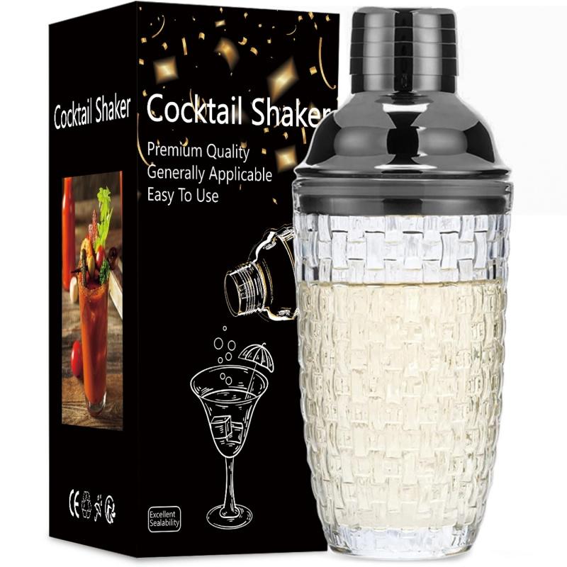Shaker à cocktail simple en verre Couvercle en acier inoxydable Filtre Motif tressé/ananas Verre à mélange Shaker à cocktail Verre Outils de bar