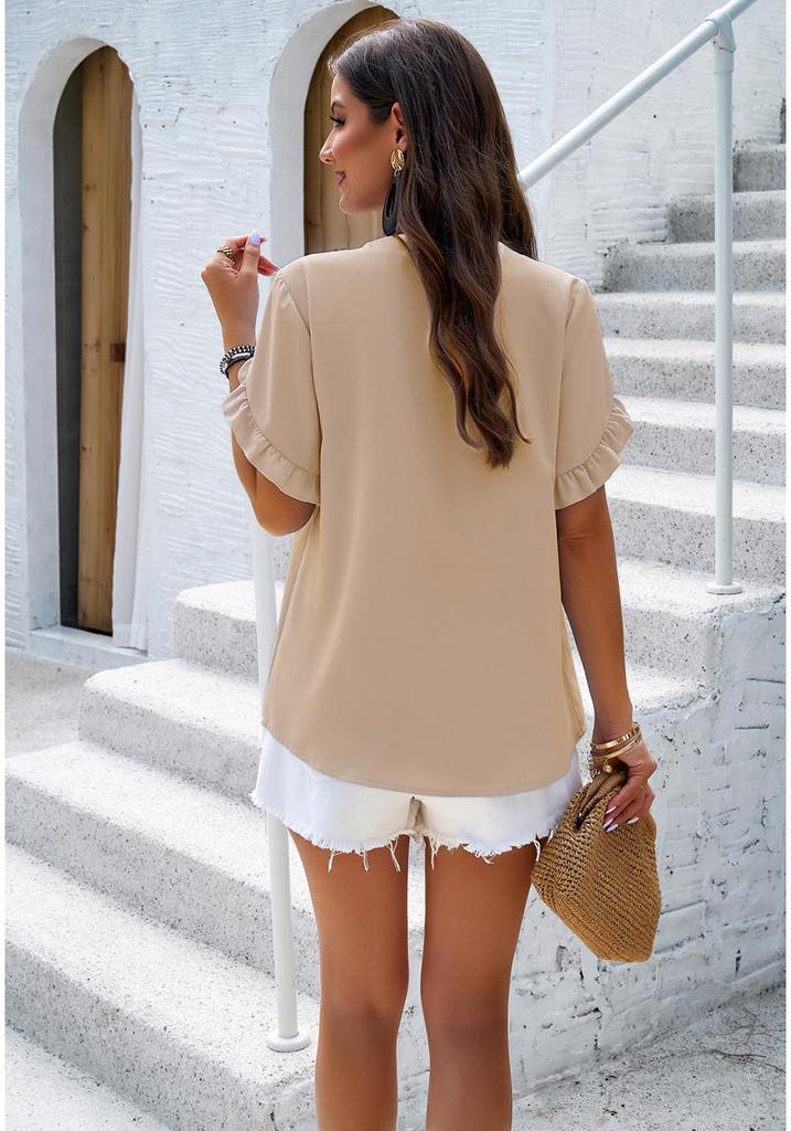 2026 Spring/Summer Women's V-neck Short-sleeved Casual Top - Elegant European and American Style