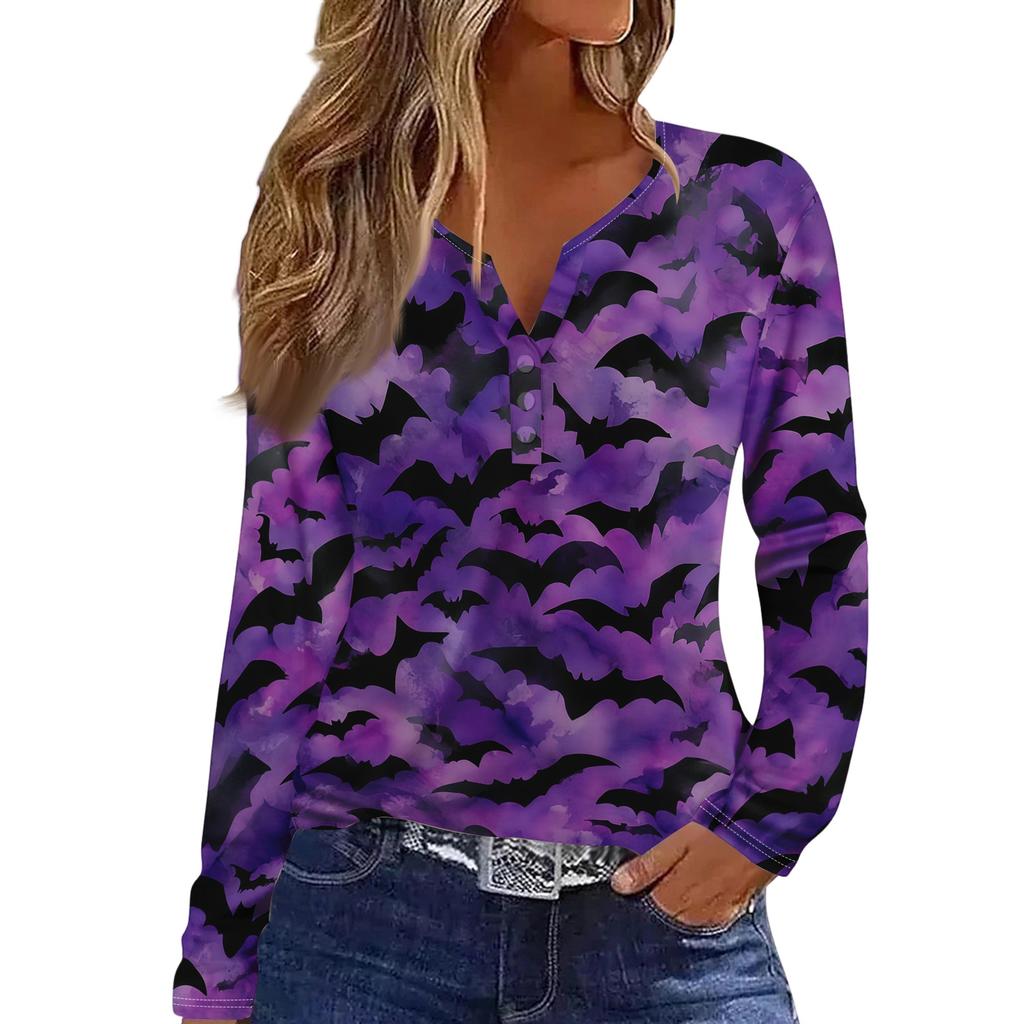 Women's Casual Long Sleeve T-Shirt with Halloween Print V-Neck Button for Parties