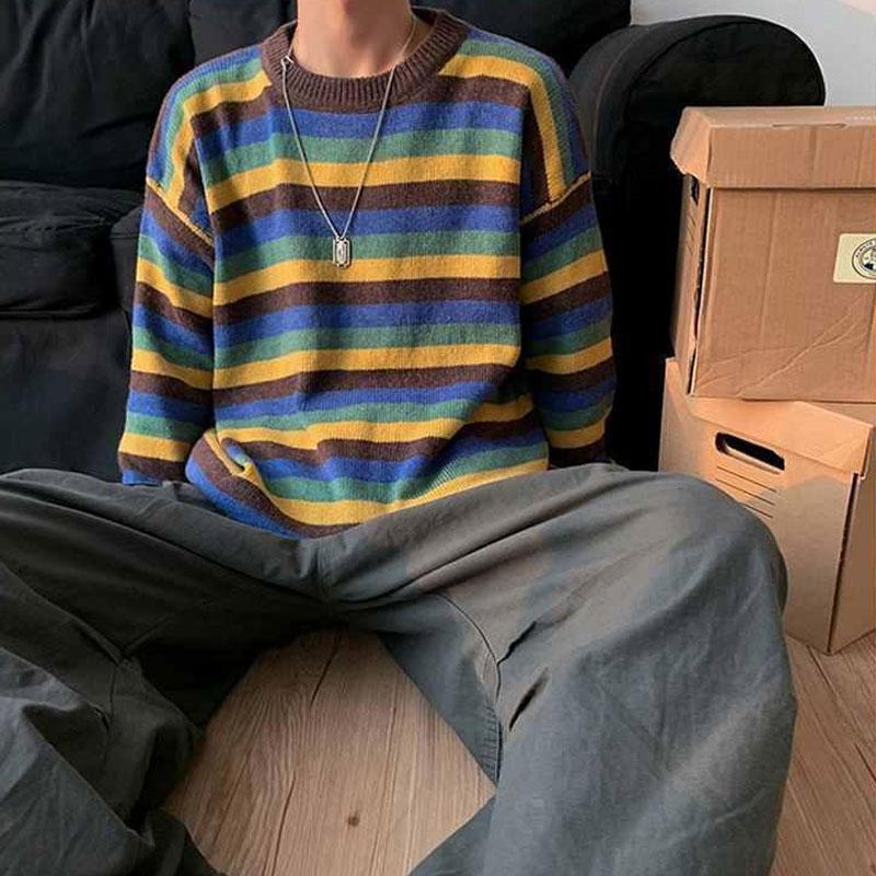 Korean Contrasting Colors Striped Pullovers Knitted Men's Casual Loose Autumn Winter O-Neck Long Sleeve Sweaters