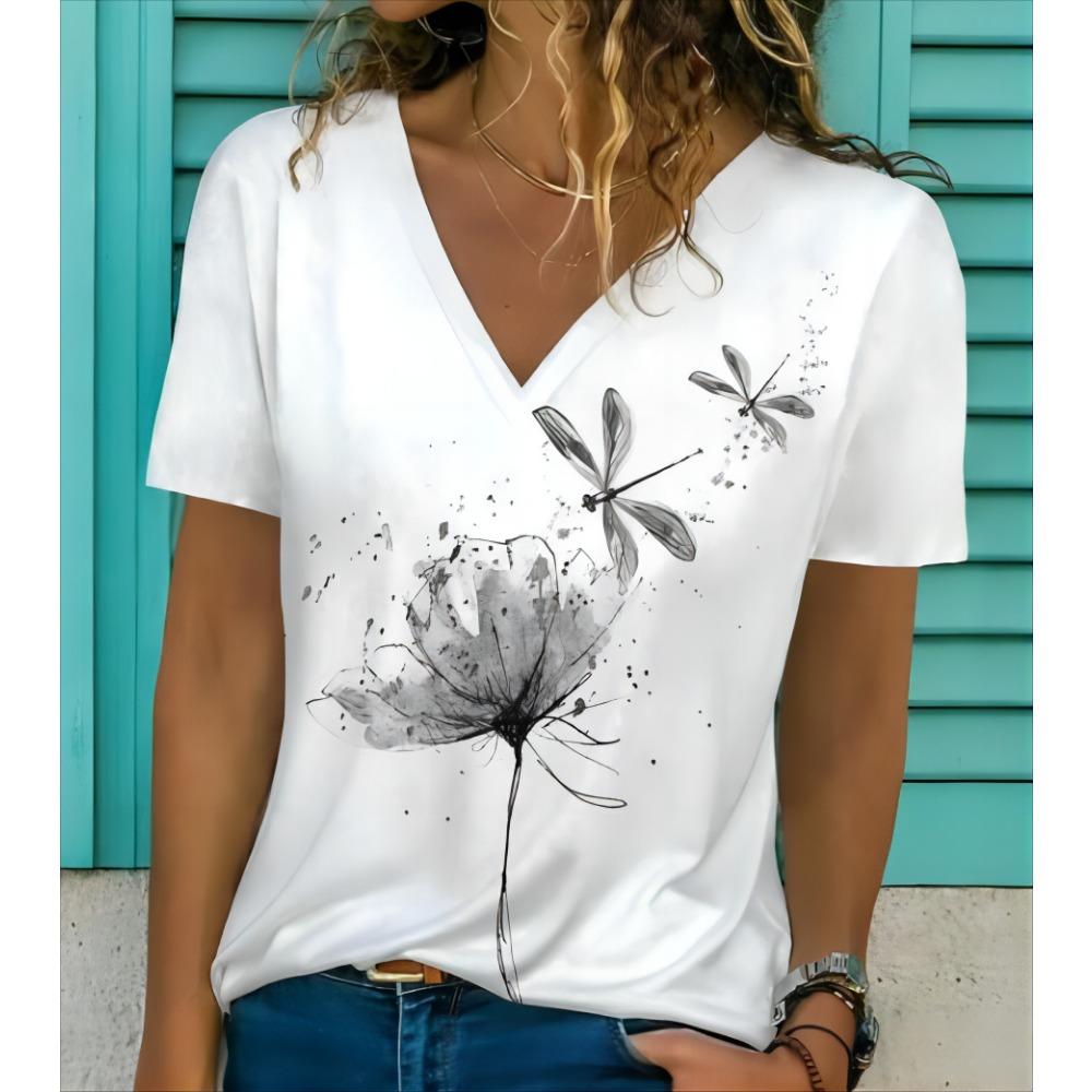 Summer Women V-neck Short sleeved Butterfly 3D Print Top Fashion Large T-shirt Women's Clothing