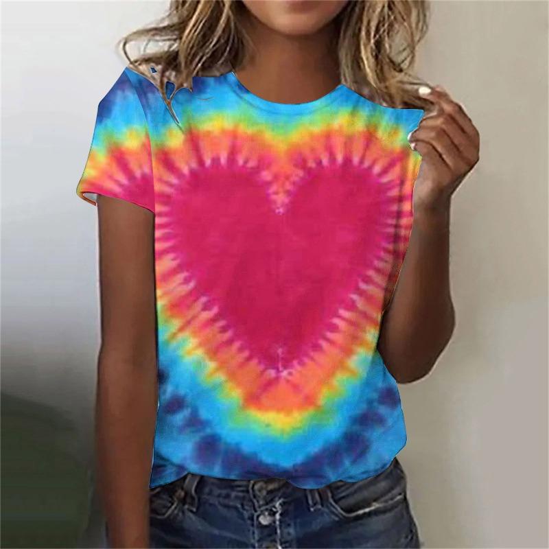 Dámské tričko Colorful Tie Dye Tričko s 3D potiskem Volný střih Pulovr s kulatým výstřihem Tričko s krátkým rukávem