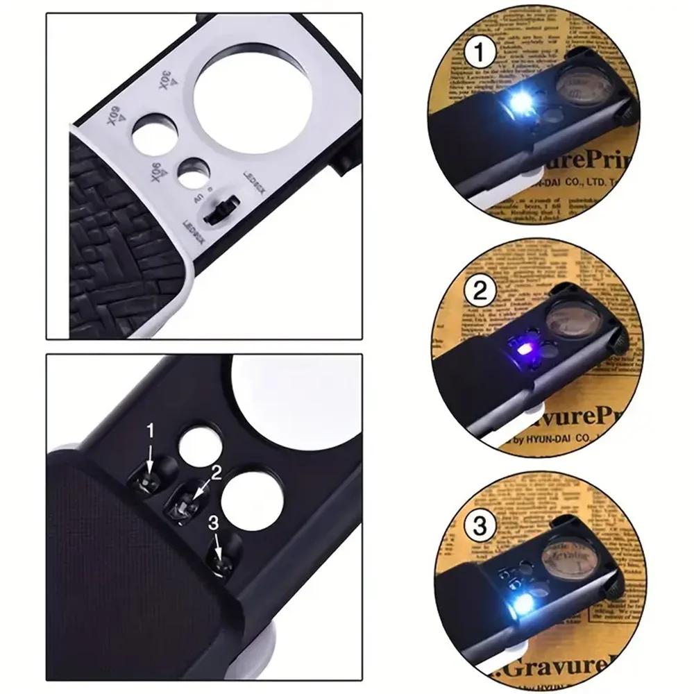 Ausziehbare Schmucklupe 30X 60X 90X LED-beleuchtete Augenlupe Mini-Tragbare Lupe mit UV-Licht für Schmuck
