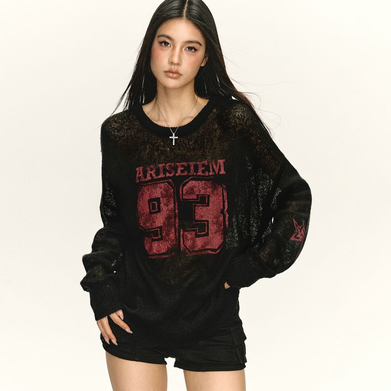 

Ariseism American Retro Stylish Early Autumn Thin Blouse Knitwear Female Fall New Arrival Silm Tops Black XS