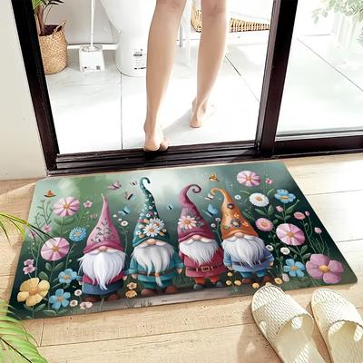 Adorable Spring-Summer Floral Dwarf Elf Doormat, Kitchen Rugs, Welcome Mat, Outdoor Indoor Door Mat, Suitable for Entrances