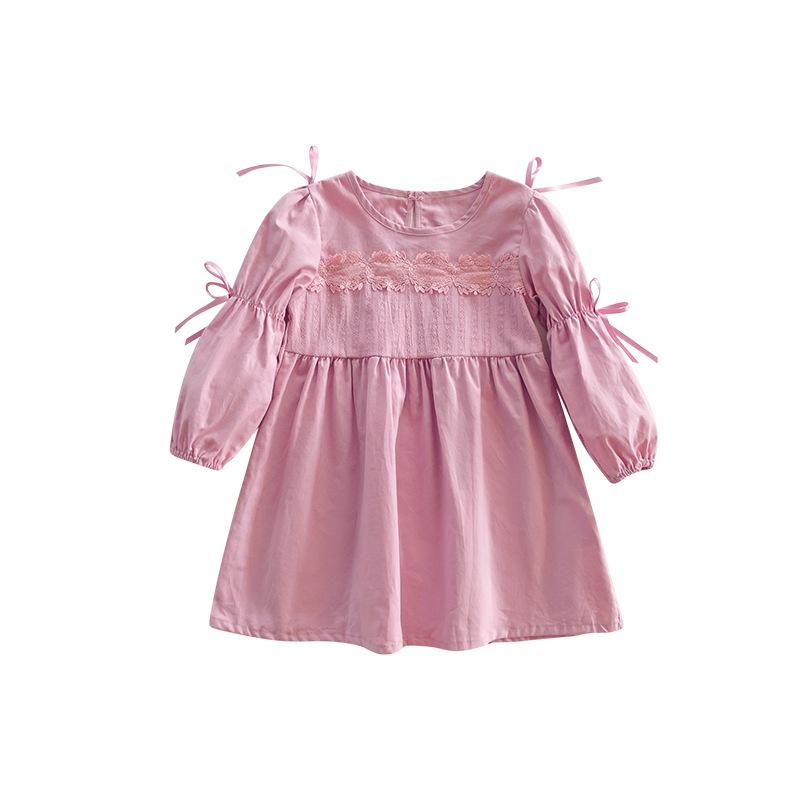 Spring Girls Princess Dress Long Sleeve Round Neck Lace Bow Puff Sleeve Cute Kids Party Dress Fashionable Children Clothing