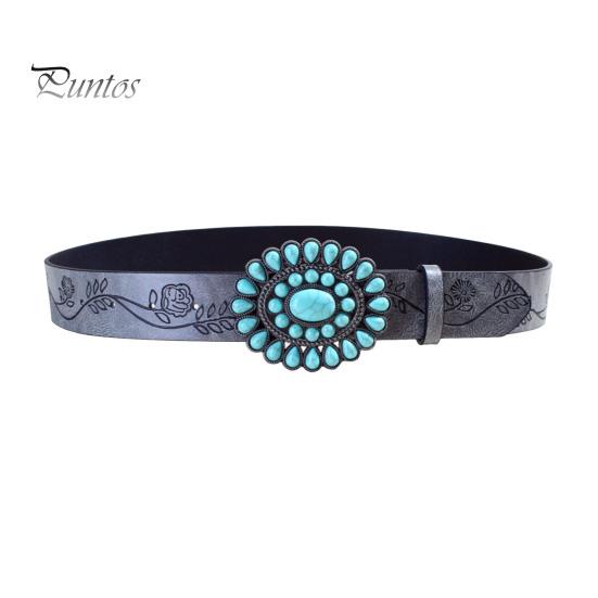 

Ремень в стиле бохо с резным узором из роз и искусственным бирюзовым декором, винтажный пояс в стиле вестерн с застежкой-кнопкой, пояс из искусственной кожи XL серый
