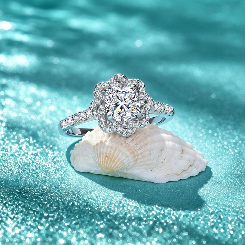 S925 Sterling Silver Cushion Cut Moissanite Ring VVS1 D Color Rose Flower Design 1 Carat Wedding Promise Ring for Women