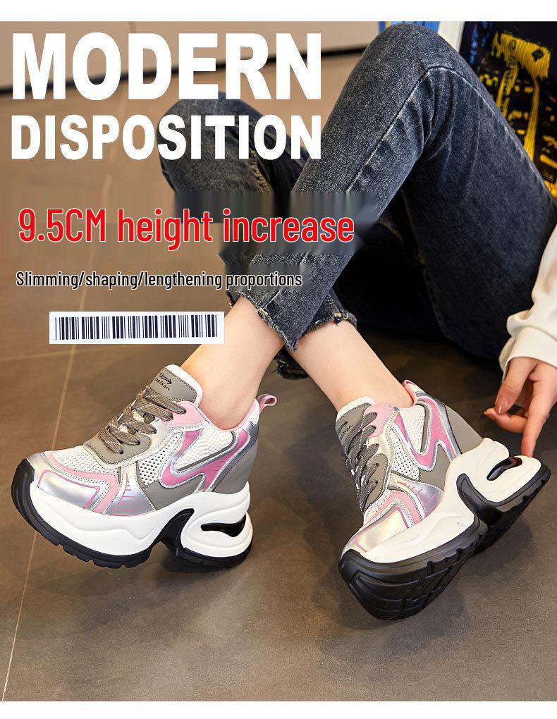 Damen 8cm Höhenvergrößernde Klobige Sneaker, Atmungsaktives Mesh, Dicksohlige Sportliche Freizeitschuhe A8895